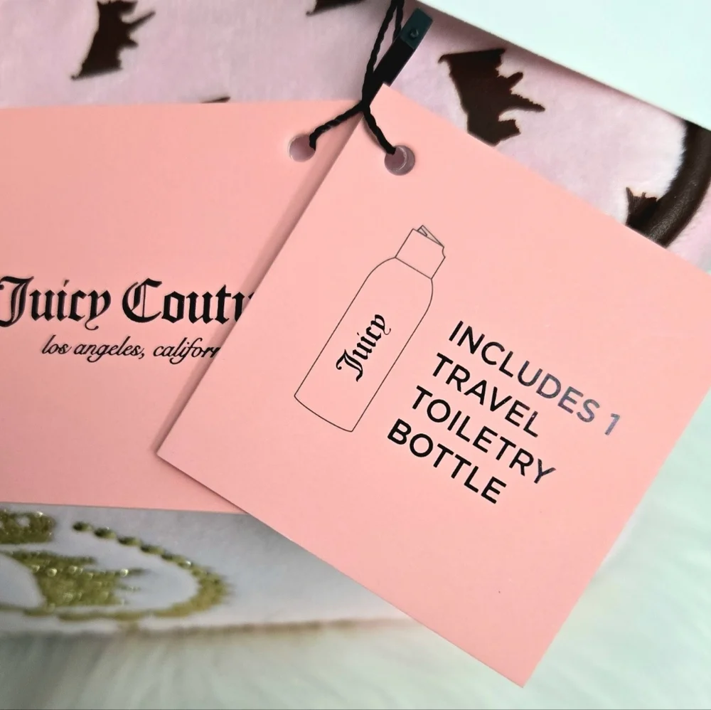 Juicy Couture Makeup Bag Cosmetic Case Scottie Dogs Pink Gold Foil Logo Charms